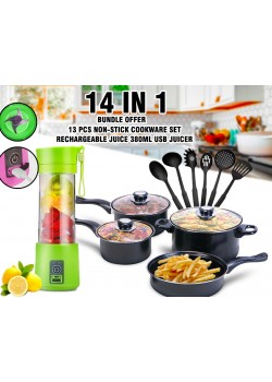 14 in 1 Bundle Offer, Royal Mark 13 pcs Non-Stick Cookware Set, Portable Rechargeable Battery Juice 380ml Volume Healthy USB Juicer, 76D